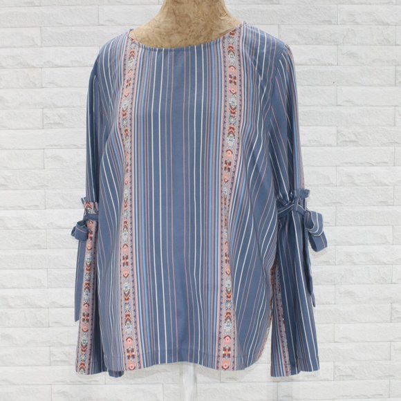 LC LAUREN CONRAD Blouse Stripe Bow Tie Ruffle Detail Trumpet Sleeve X-Large - Picture 1 of 13